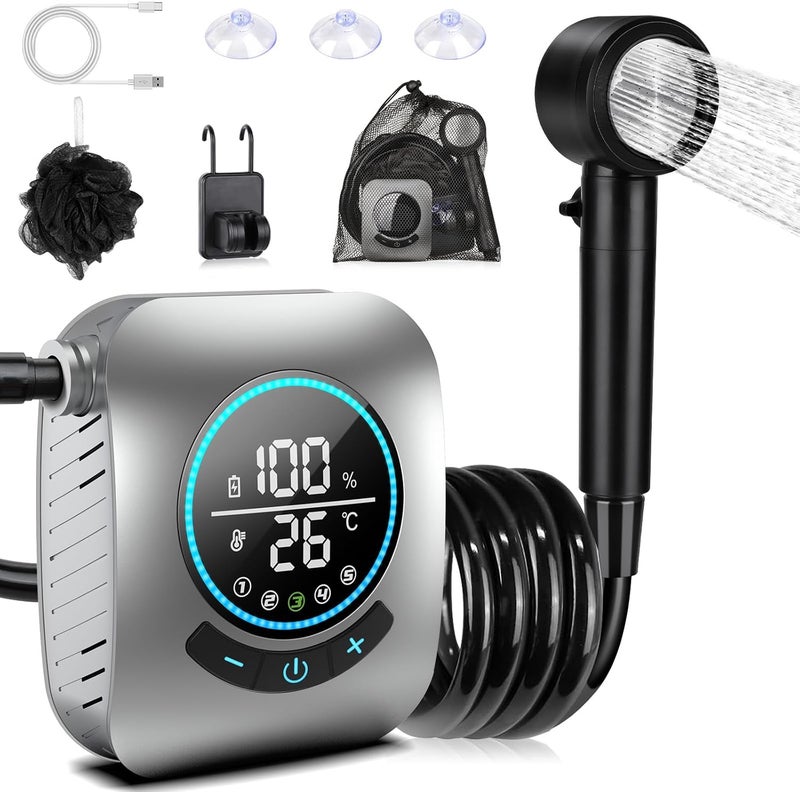 Spopal Portable Shower for Camping, [Upgraded] 8000mAh Rechargeable Camping Shower with 5 Adjustable Speeds, 4 Spray Modes, LED Display, IPX8 Waterproof Outdoor Shower Kit for Hiking, Travel, Car, Pet - Image 1